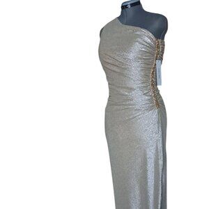 Calvin Klein One-Shoulder Gown with Side Ruching and Beaded Detail -Size 12-NWT